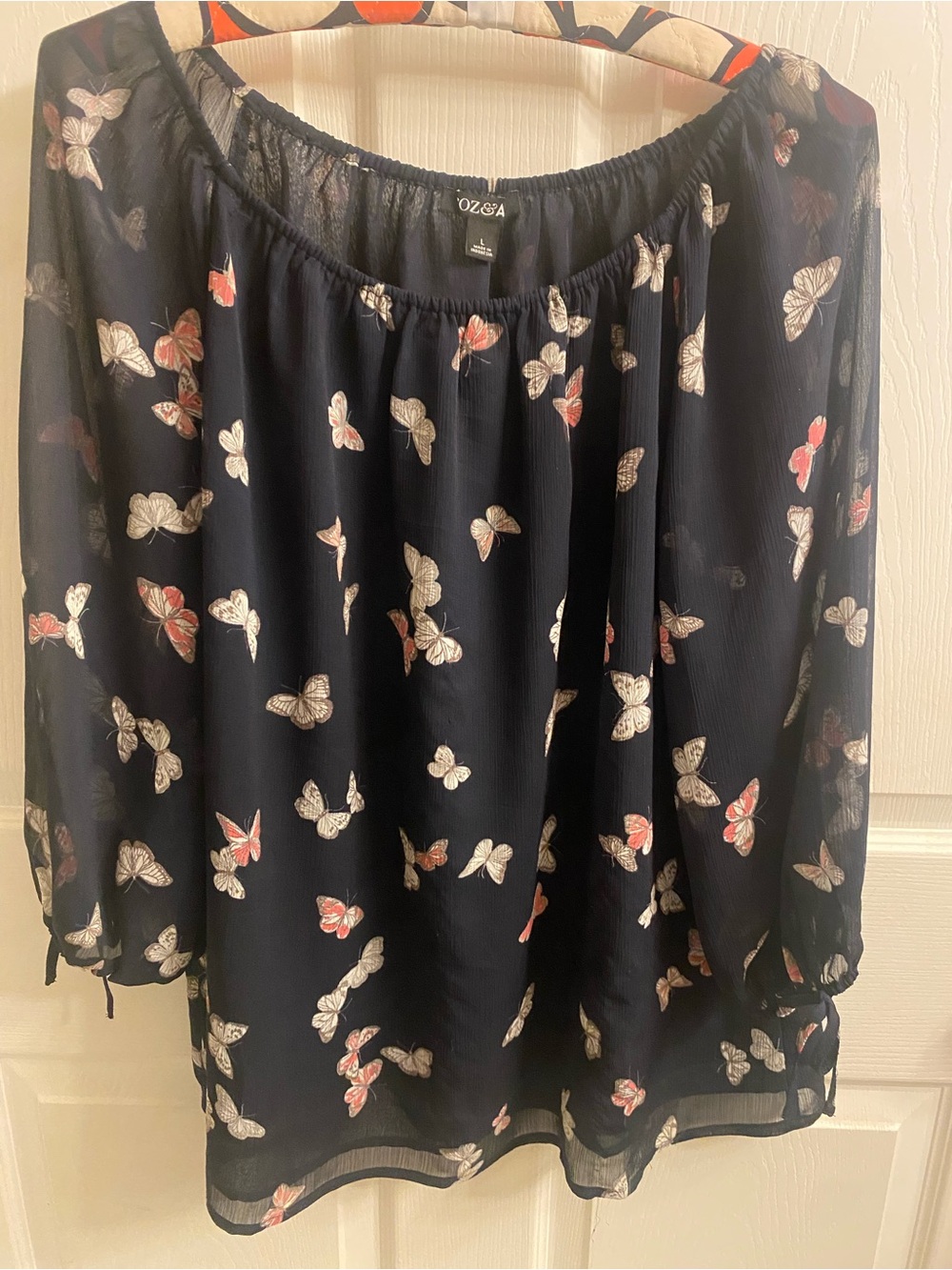 Roz & Ali Navy Butterfly print sheer fully lined (except 3/4 sleeve) blouse